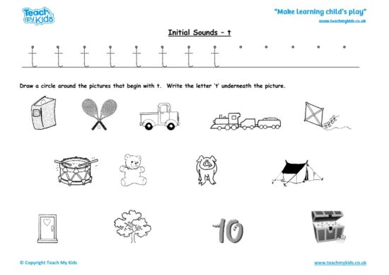 Worksheets for kids - initial sounds-t
